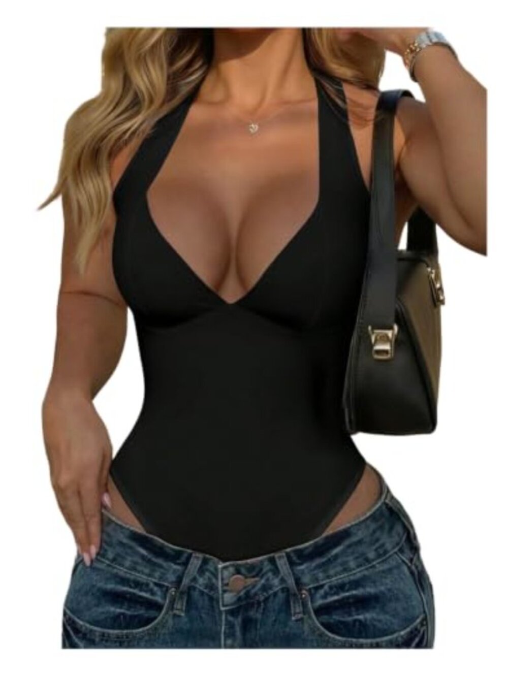 Women's Halter Deep V Neck Fitted Bodysuit Sleeveless Backless Slimming